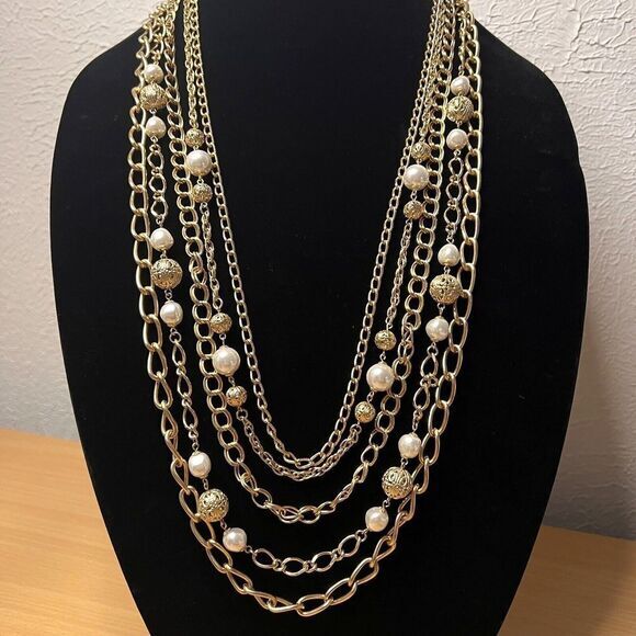 Gold-Tone Faux Pearl Bead Multi Chain Statement Necklace 34.5 in 5‎ Strand - Picture 1 of 16